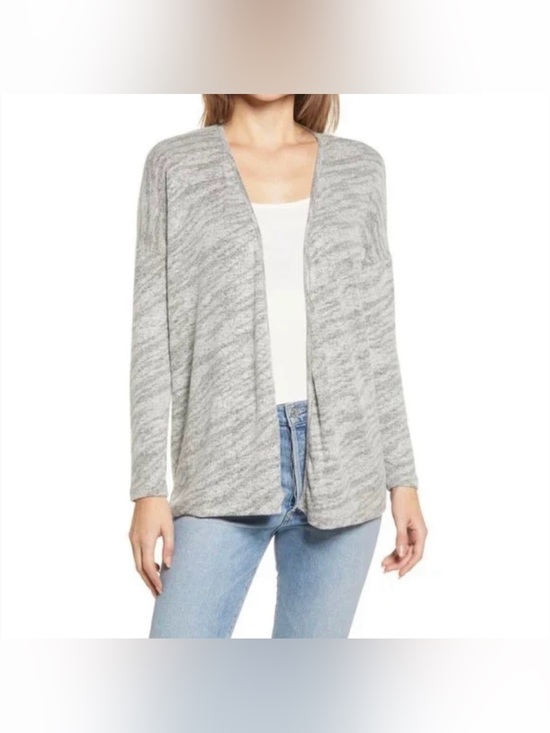 bobeau Sweaters - NWT Bobeau Grey Zebra Stripe Open Front Cardigan, size M